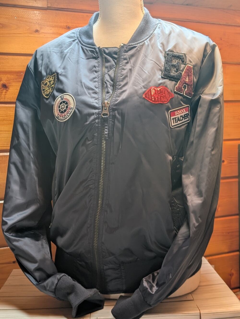 Adorable women's BMJ Jeanswear number jacket with patches size large retro Y2K